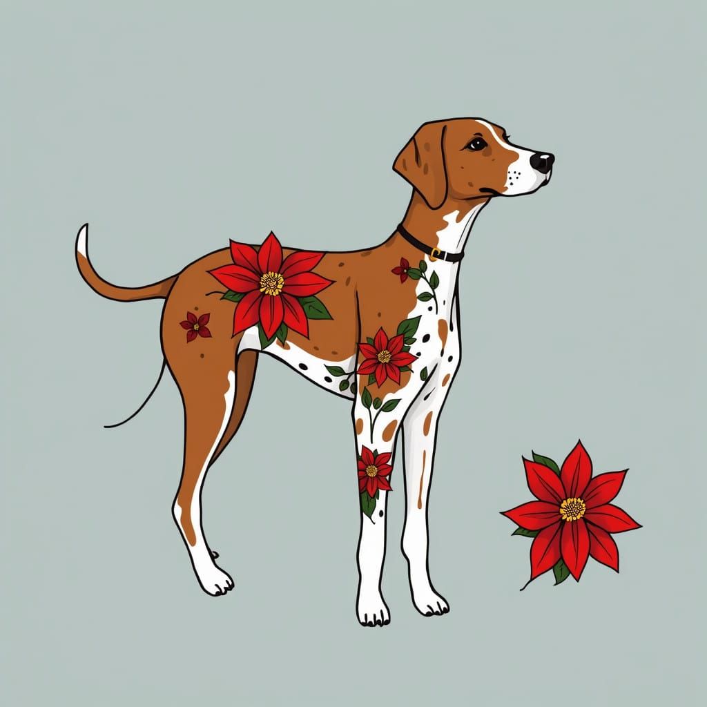 Vibrant Dog with Poinsettia Patterns in Whimsical Illustrati...
