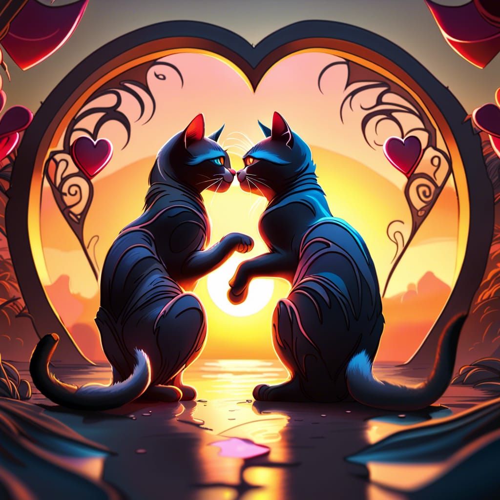 Cats Forming Heart Shape at Sunset, Art Nouveau Style