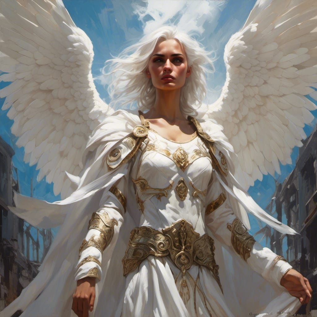 Epic Painting of Angelic Woman in White Armor
