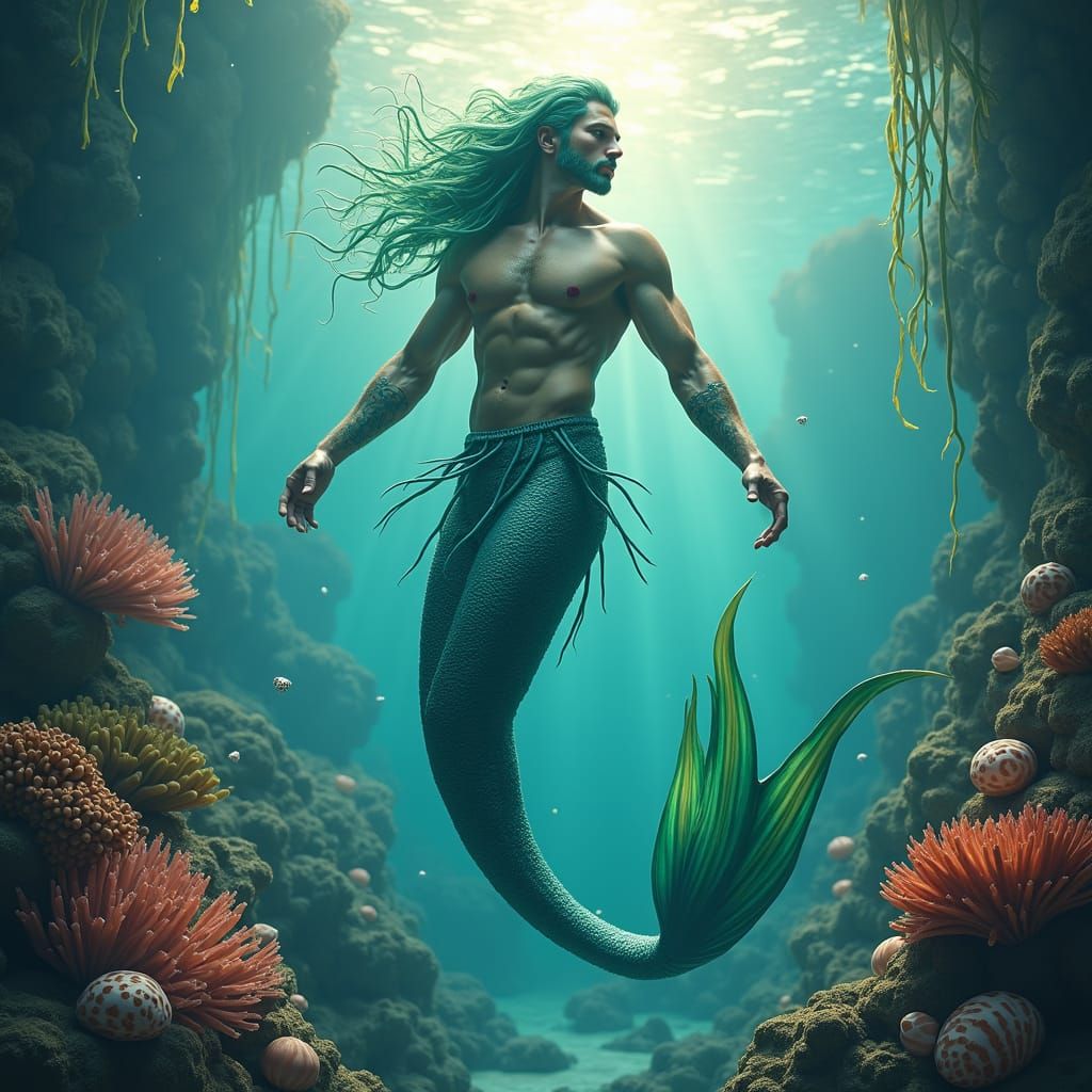 Majestic Merman in Underwater Paradise: Fantasy Concept Art