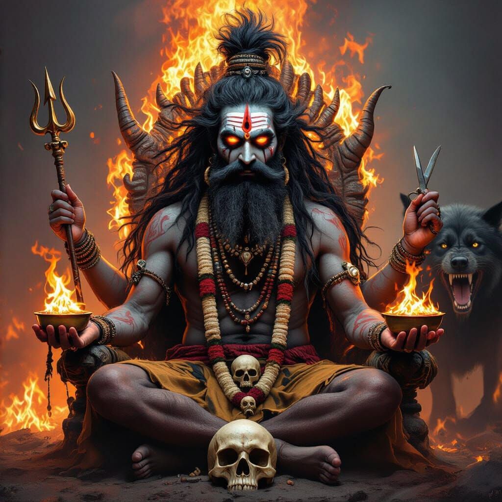 Flaming Aghori Deity on Skull Throne