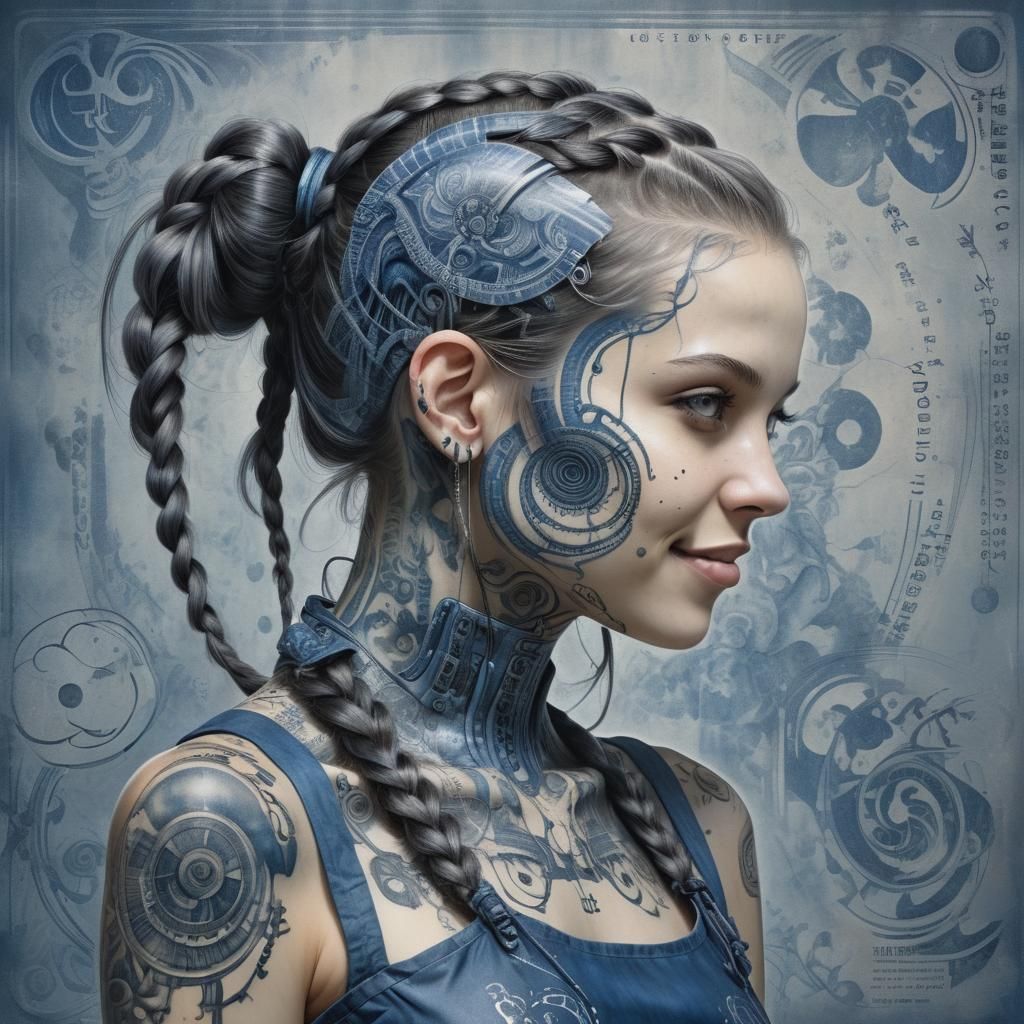 Smiling Cyborg Woman with Culinary Tattoos in Giger Style