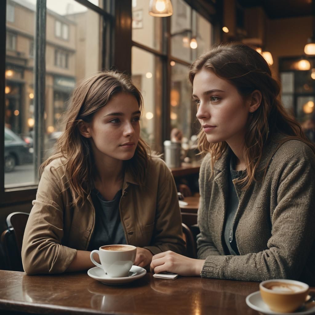 Friends in Dimly Lit Café: Cinematic Film Still