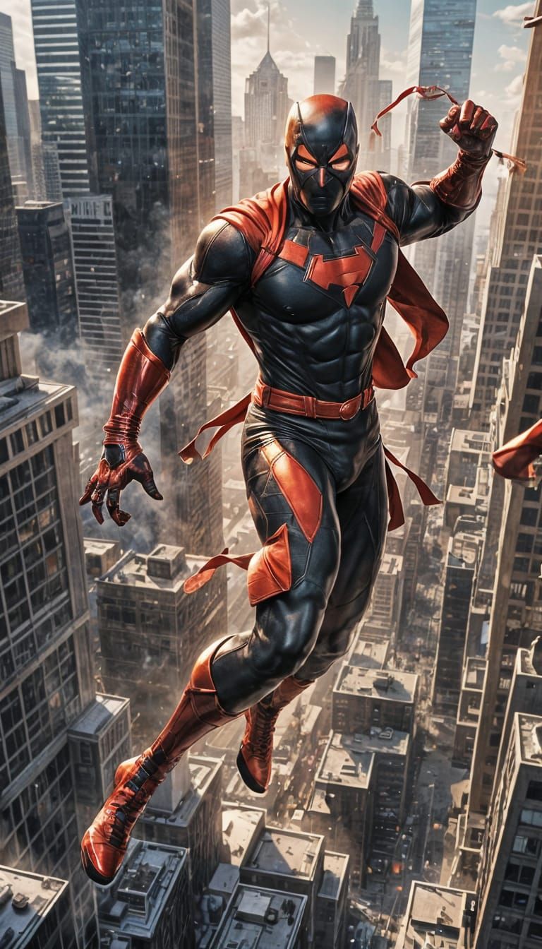 Dynamic Comic Book Hero Leaps from City Rooftop in a Daring...