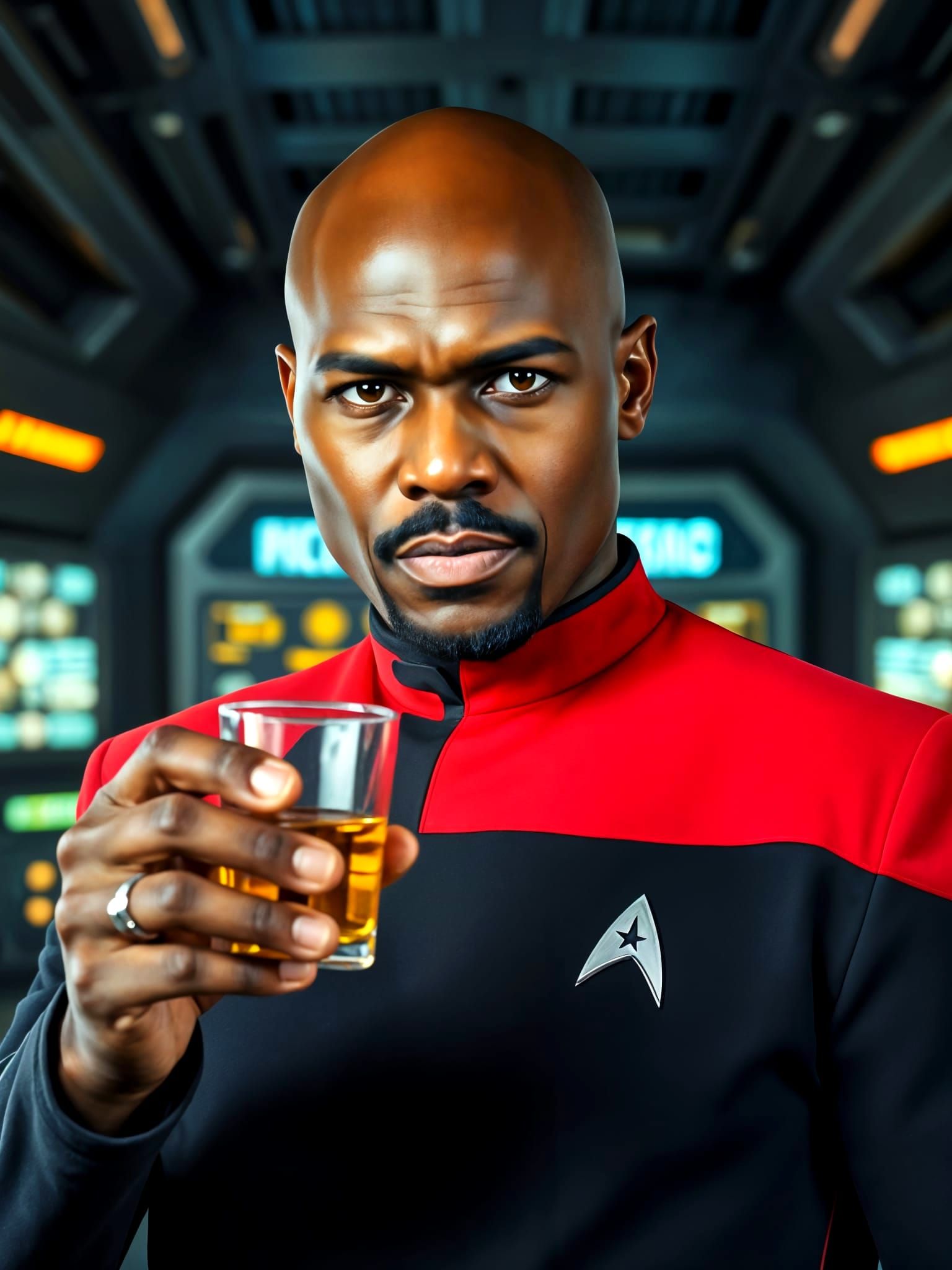 Confident Starfleet Captain Toasting in Futuristic Space Sta...