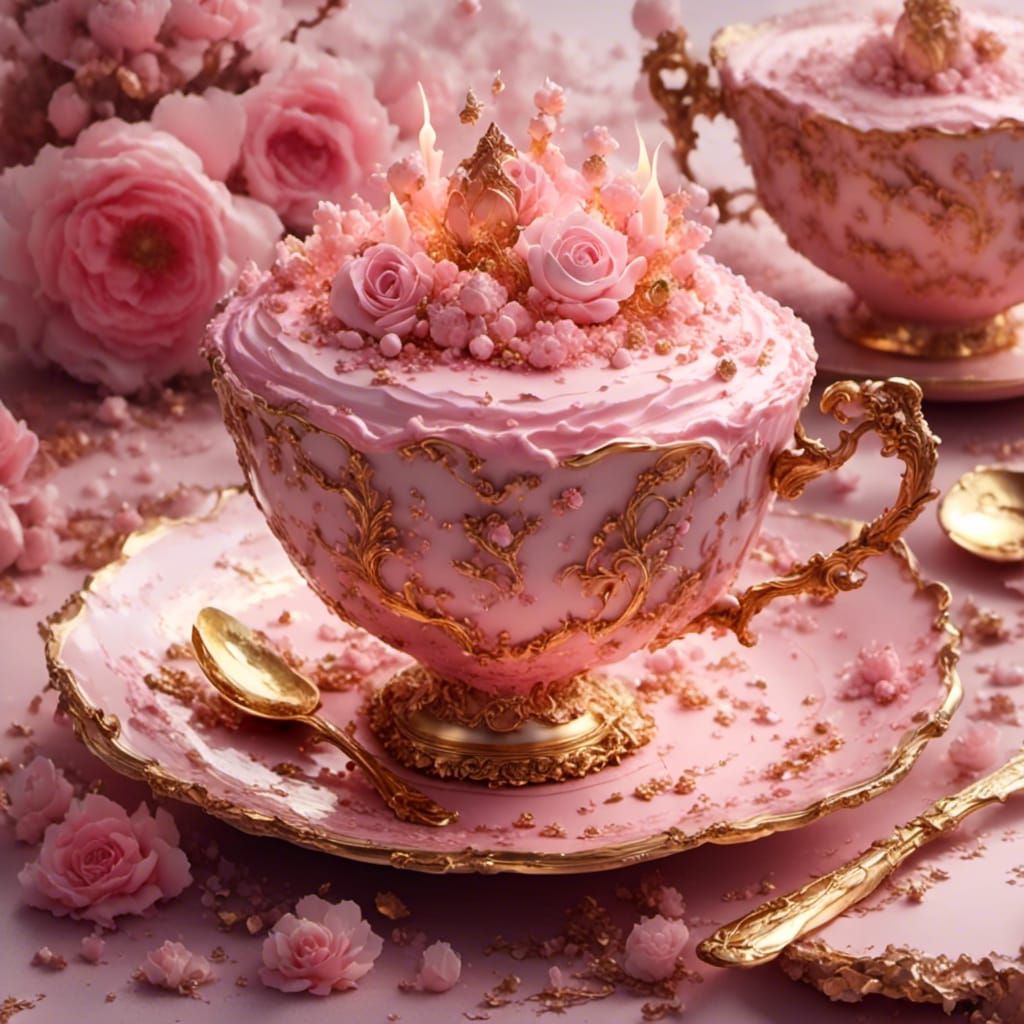 Pink Cake and Golden Teacup Still Life