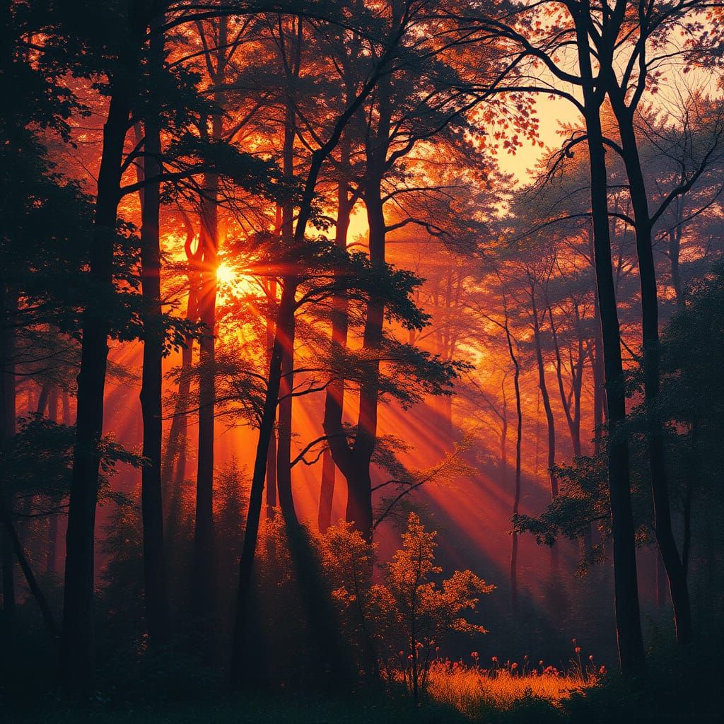 Sunset through a Vibrant Forest Landscape in Dreamy, Impress...