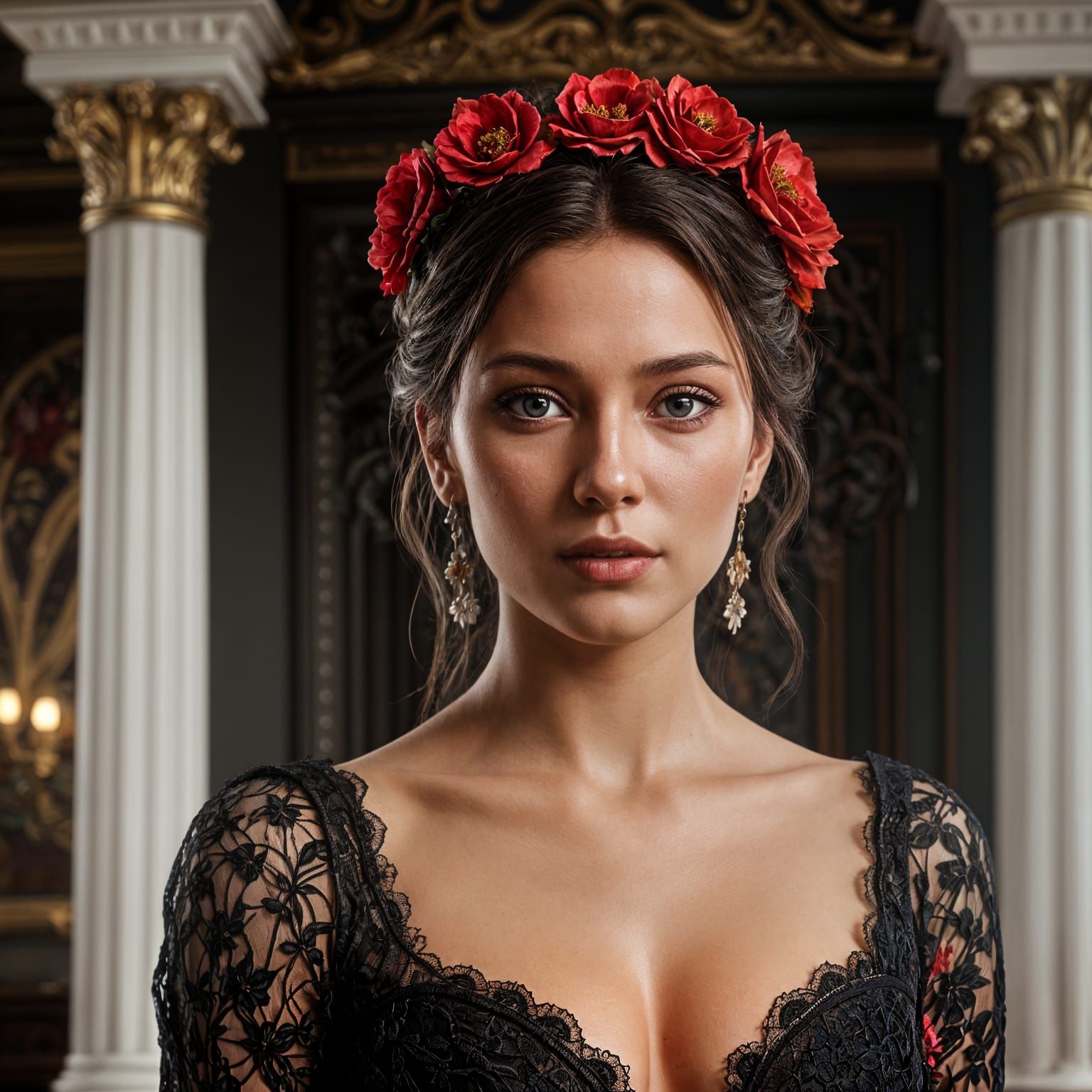 Ethereal Woman in Black Lace Adorned with Red Flowers