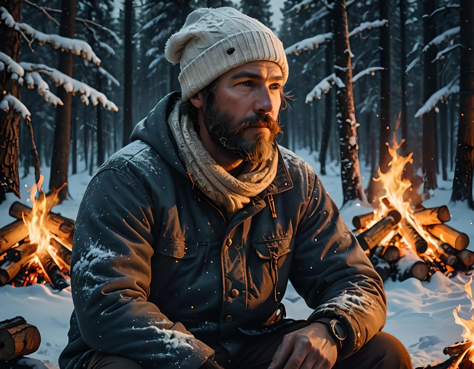 Night Campfire in Snowy Forest, Matte Painting