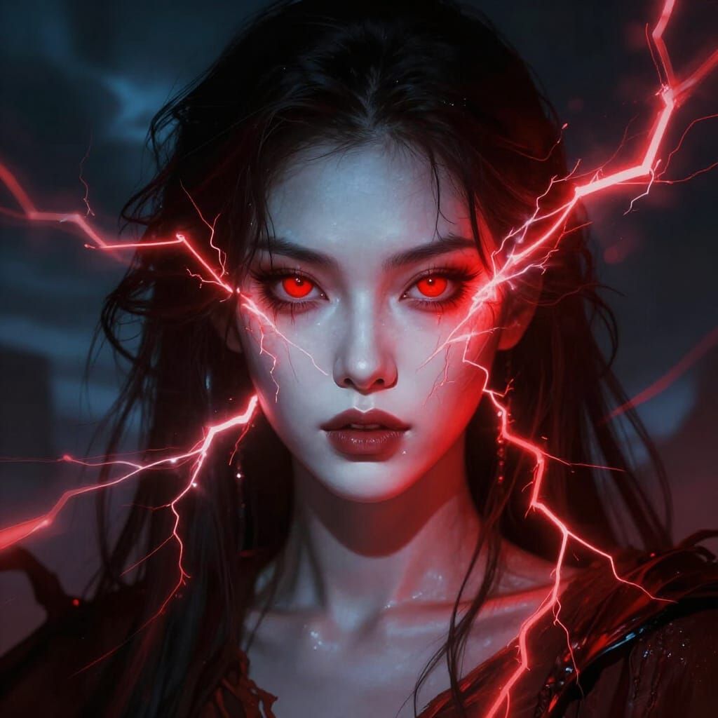 Woman With Red Lightning Eyes on Stormy Night