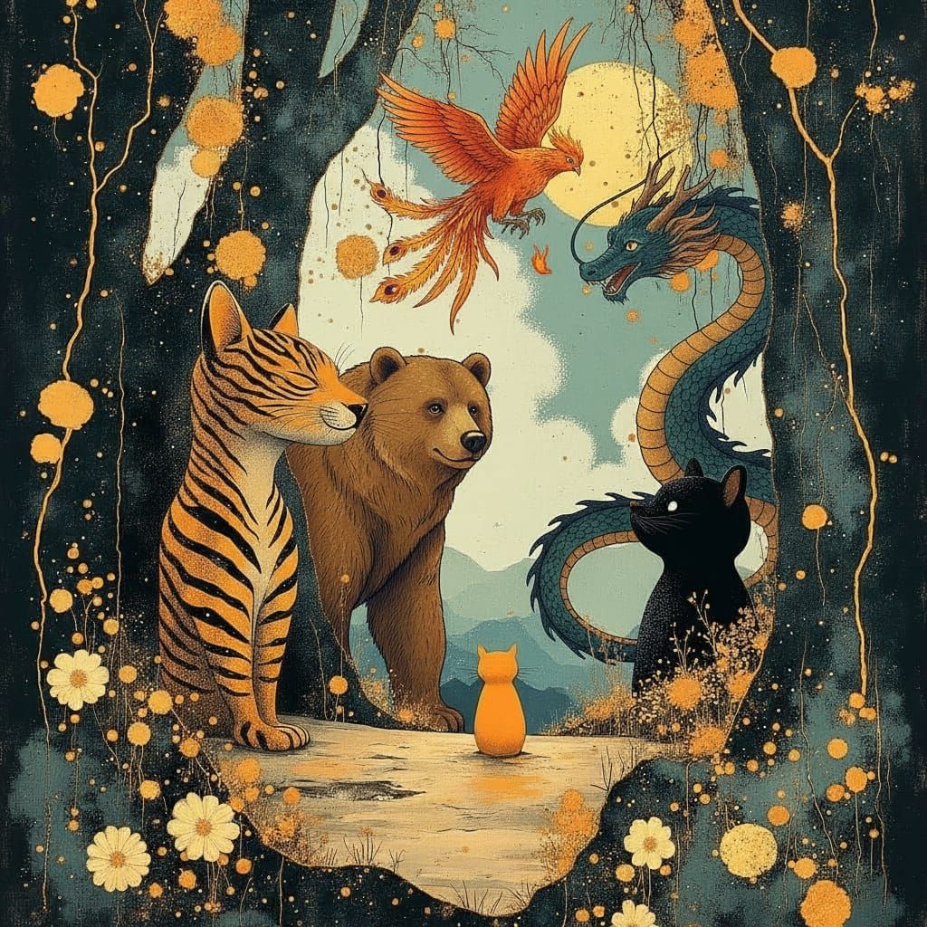 Mythical Creatures Gather: Tiger, Bear, Dragon, Phoenix, Cat