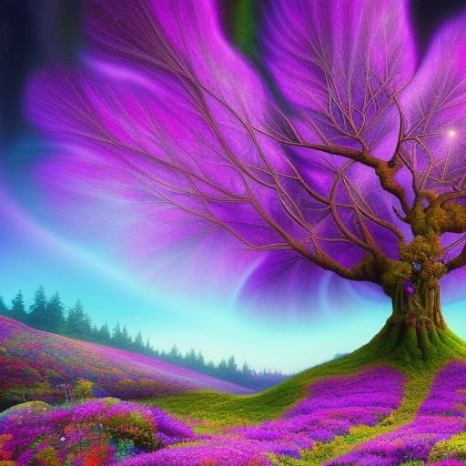 Purple Fractal Tree in Hyperrealistic Style