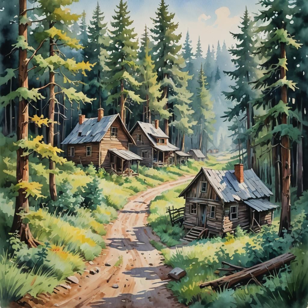 Ethereal Ghost Town in Forest, Impressionist Gouache