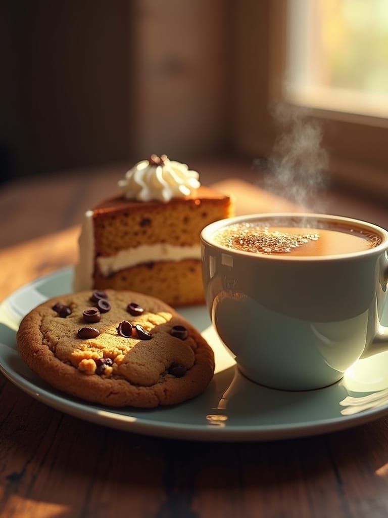 Warm Cookie, Cake, and Coffee on a Rustic Wooden Table