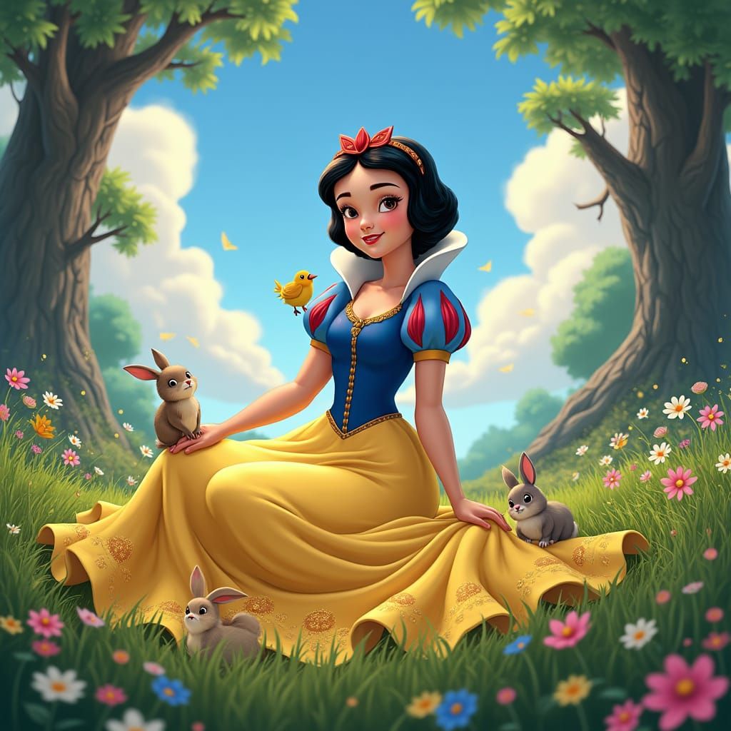 Snow White in Meadow, Pixar-Style Fantasy Art