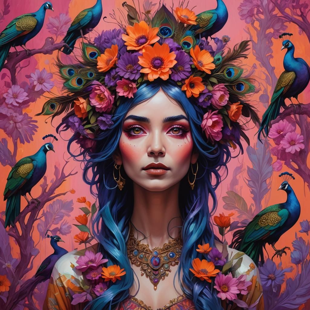 Peacock Woman Portrait in Fantastical Style