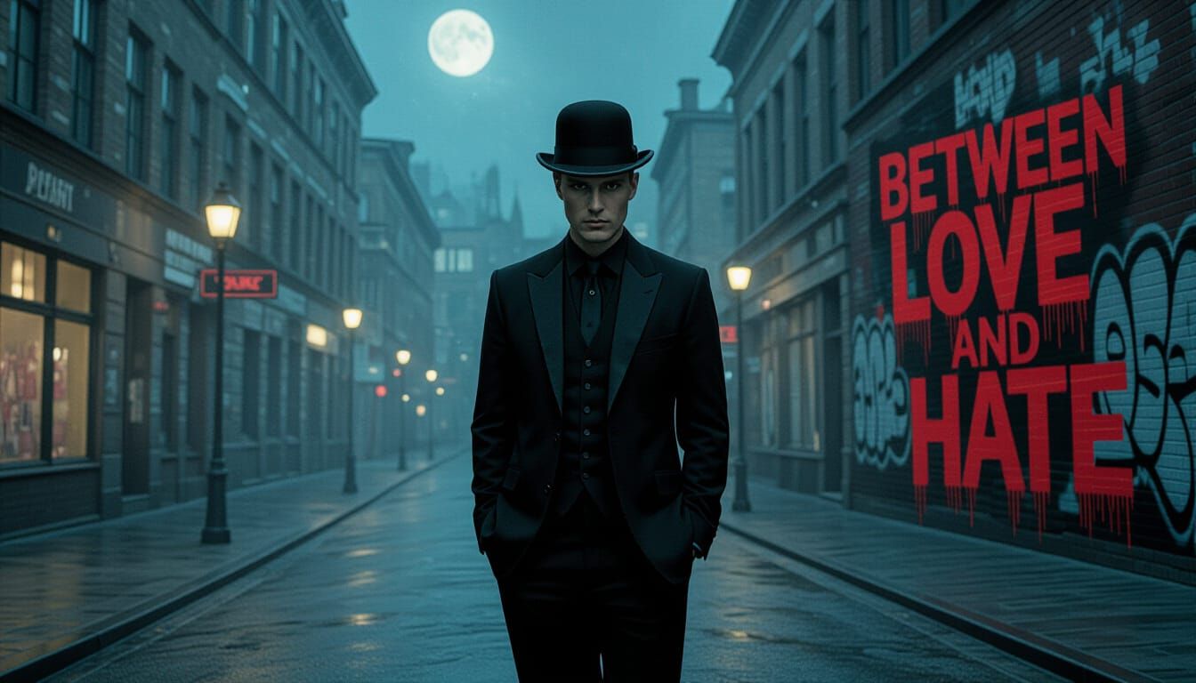 Melancholic Man in Neo-Noir Cityscape