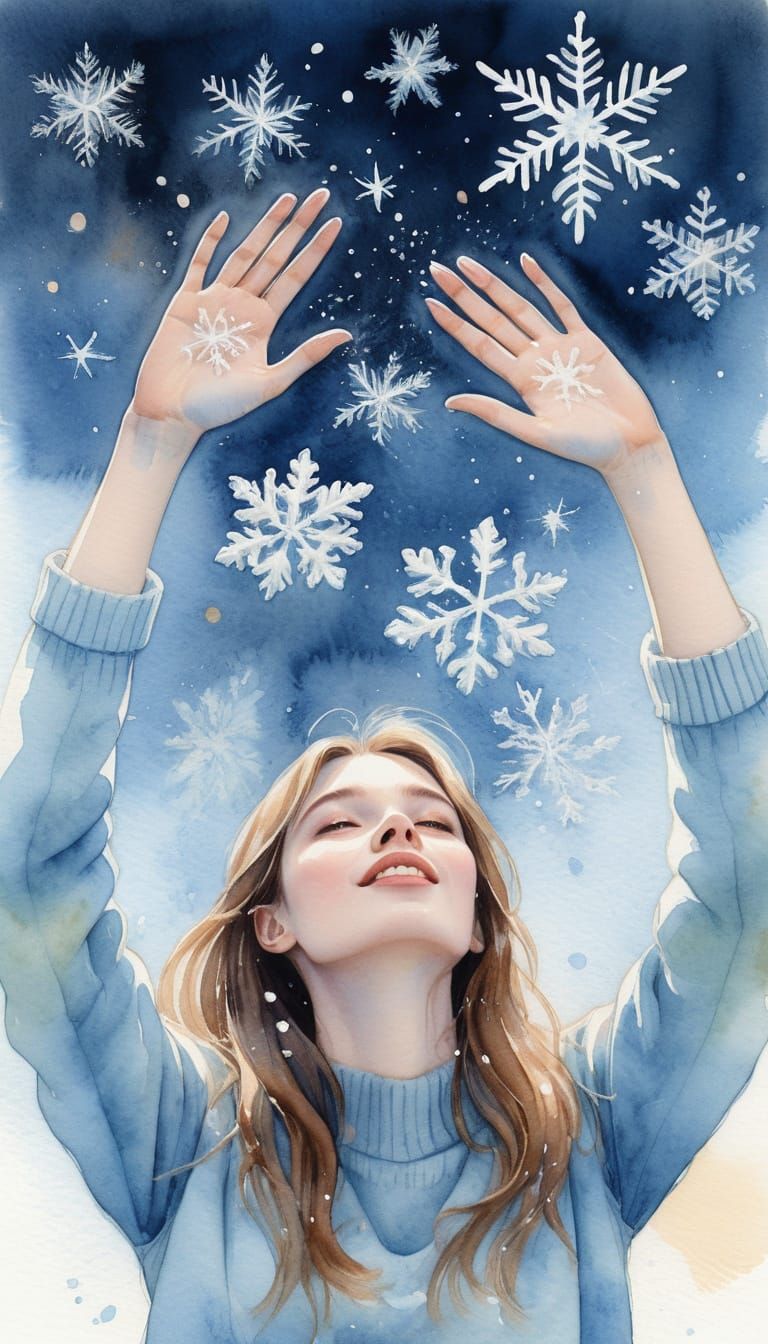 Whimsical Watercolor Snow Scene with Gentle Girl