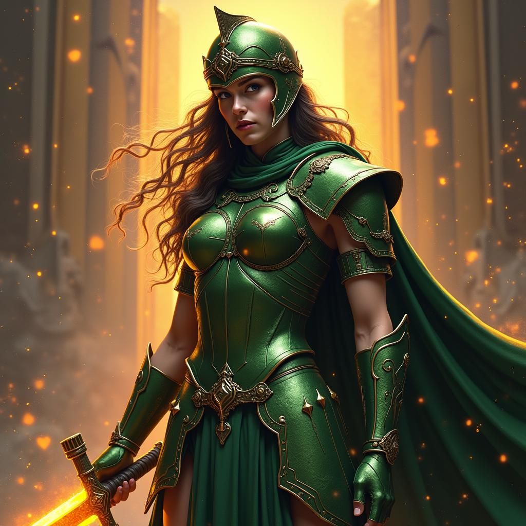 Pallas Athene in Green Armor with Glowing Sword