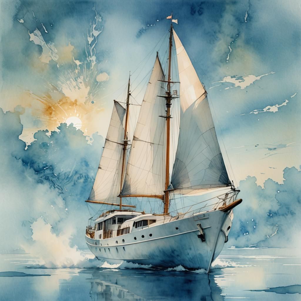 Beautiful White Fantasy Boat on Blue Watercolor