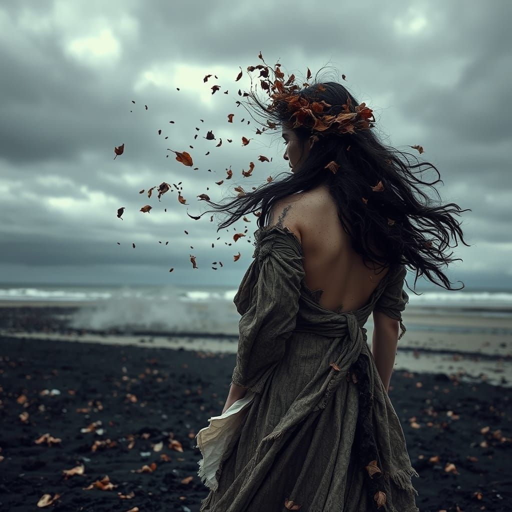 Dark Fantasy Woman on Desolate Beach in Stormy Skies