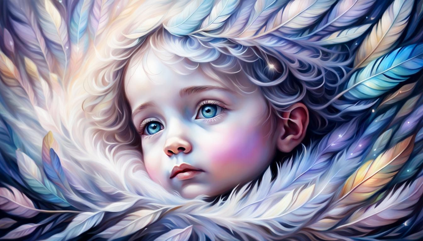 Surreal Dream Child in a Nest of Feathers