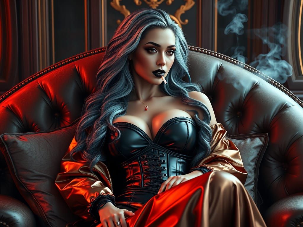 Cyberpunk Woman in Copper Gown Smoking Portrait