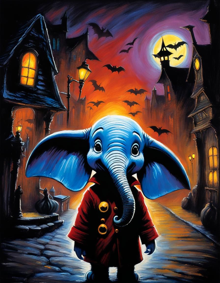 Eerie Dumbo in Halloween Town with Grunge Textures