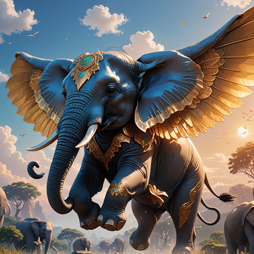 Flying Elephant with Translucent Wings in Anime Style