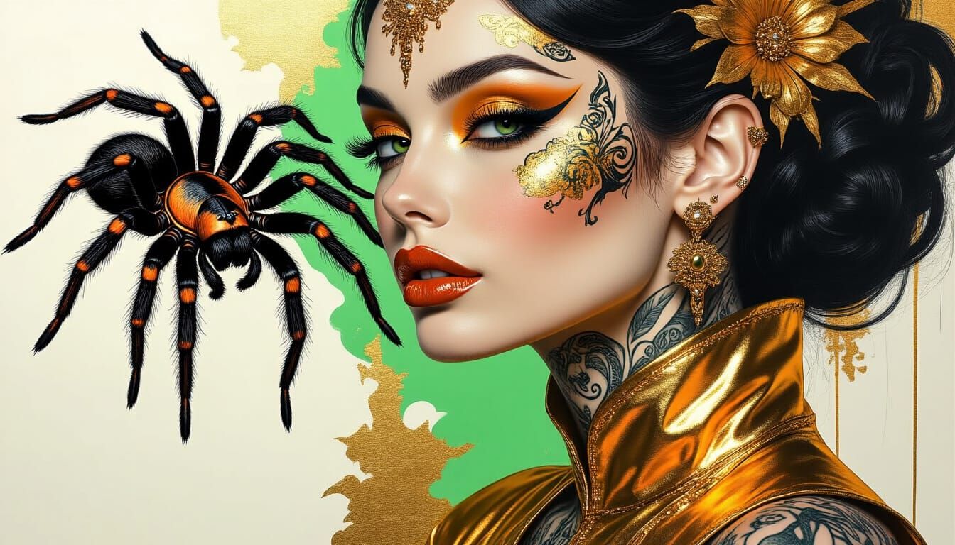 Elegant Woman with Tattoos and Spider Art