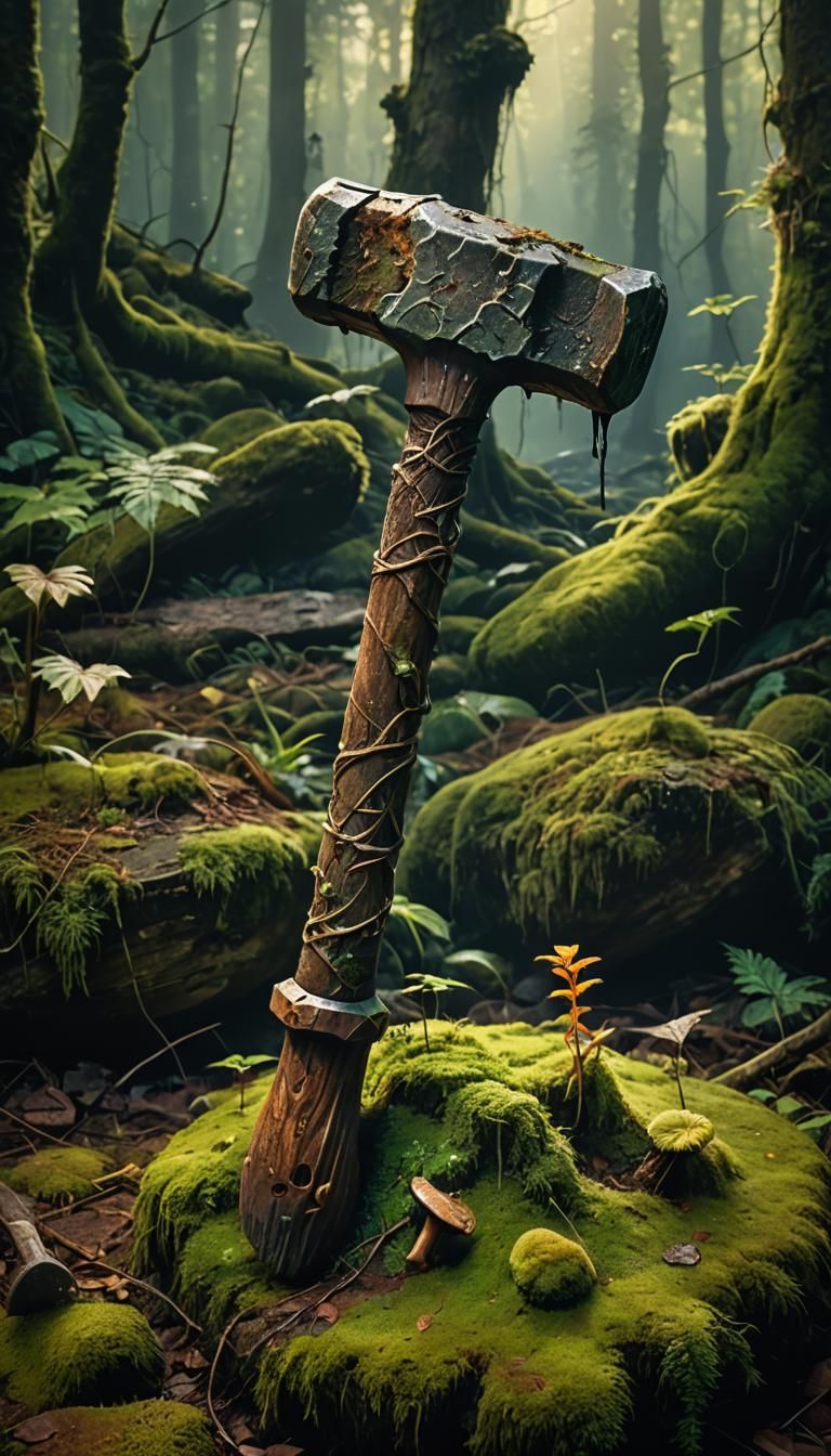 Rotting Wooden Club Hammer in Mystical Forest