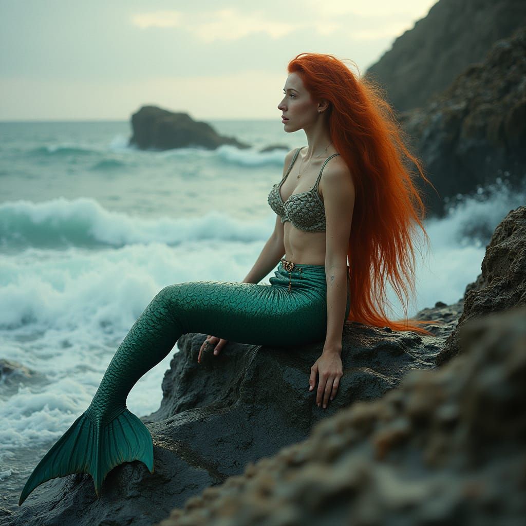 Sensual Redheaded Mermaid in Seashell Bra, Photorealistic, R...