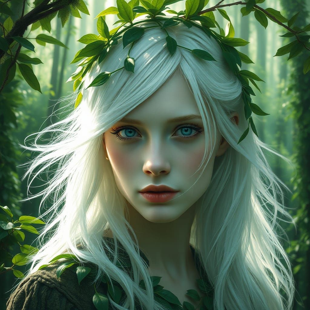 Albino Woman in Forest, Impasto Painting with Godrays