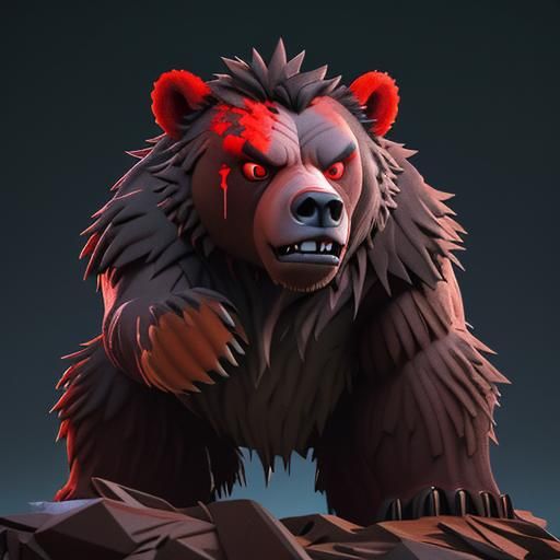Fierce looking grizzly bear with red eyes and blood dripping...