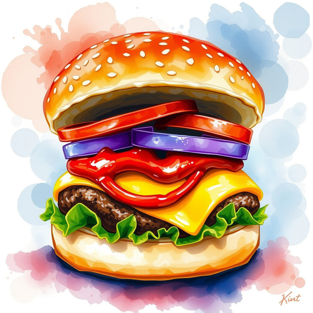 Watercolor Cheeseburger with Ketchup Smile