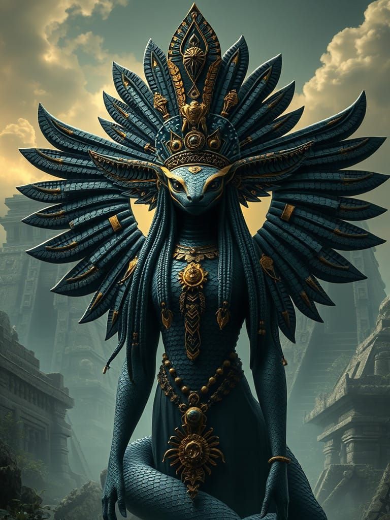 Ancient Aztec Snake Goddess in a Rich, Dark Headdress