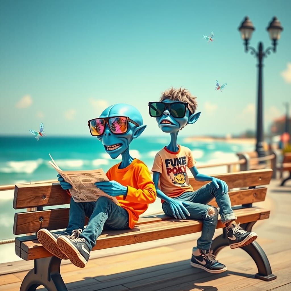 Cartoon Aliens Relax on Coastal Promenade