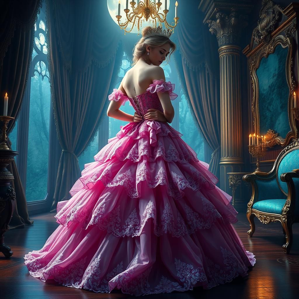 Elegant Princess Undressing in a Moonlit Chamber