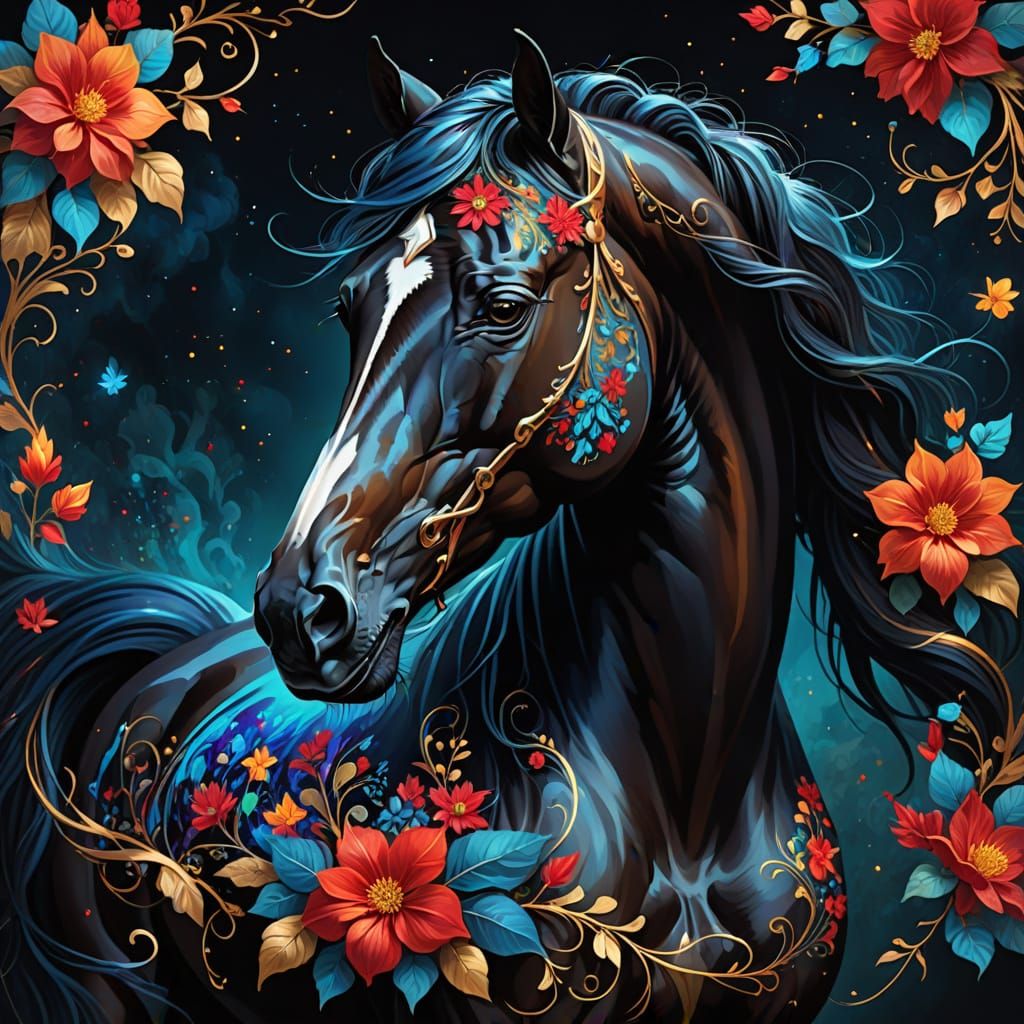 Majestic Horse Adorned with Glowing Flowers