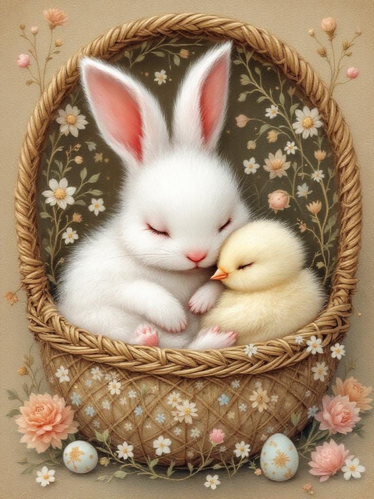 Bunny and Chick in Pointillist Art Nouveau Style