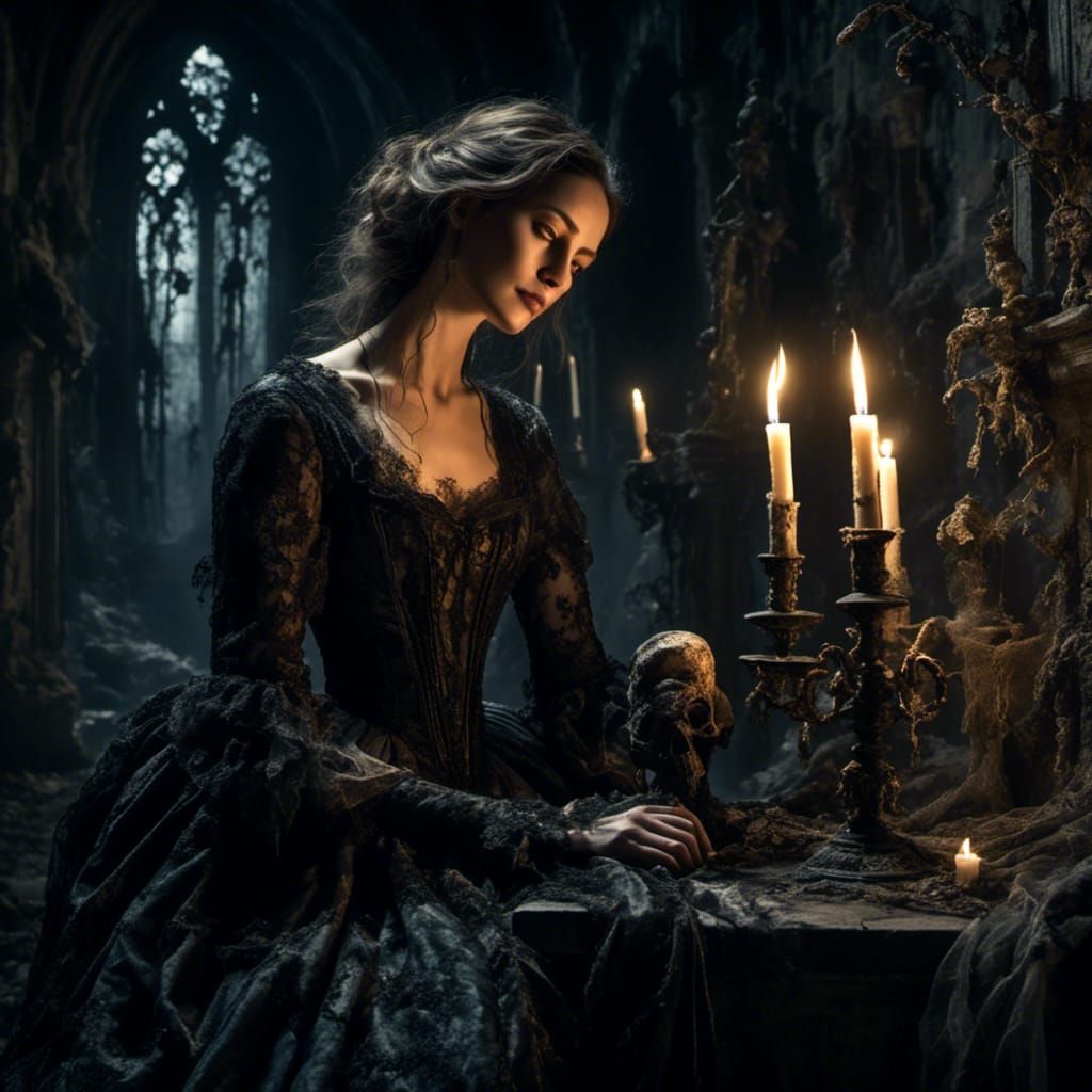 Gothic Embrace in Candlelit Ruins