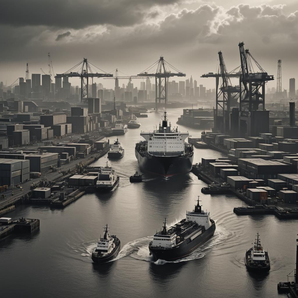 Industrial Port Ferry in Black and White Digital Art