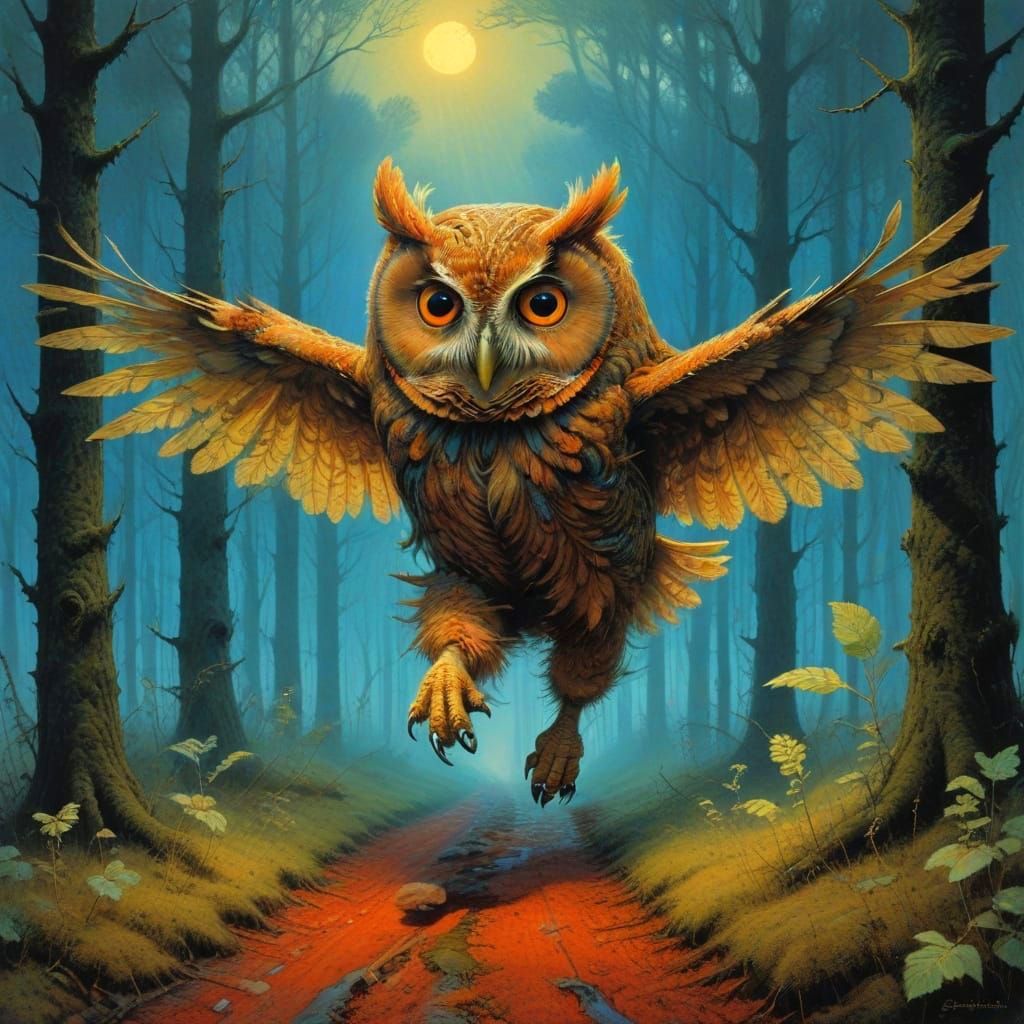 Maximalist Owl in Vibrant Gossamer Forest