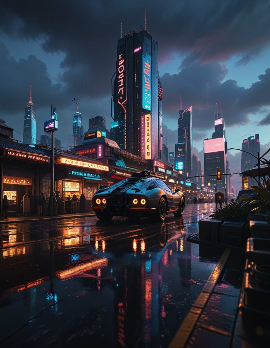 Cyberpunk Cityscape at Night with Neon Lights