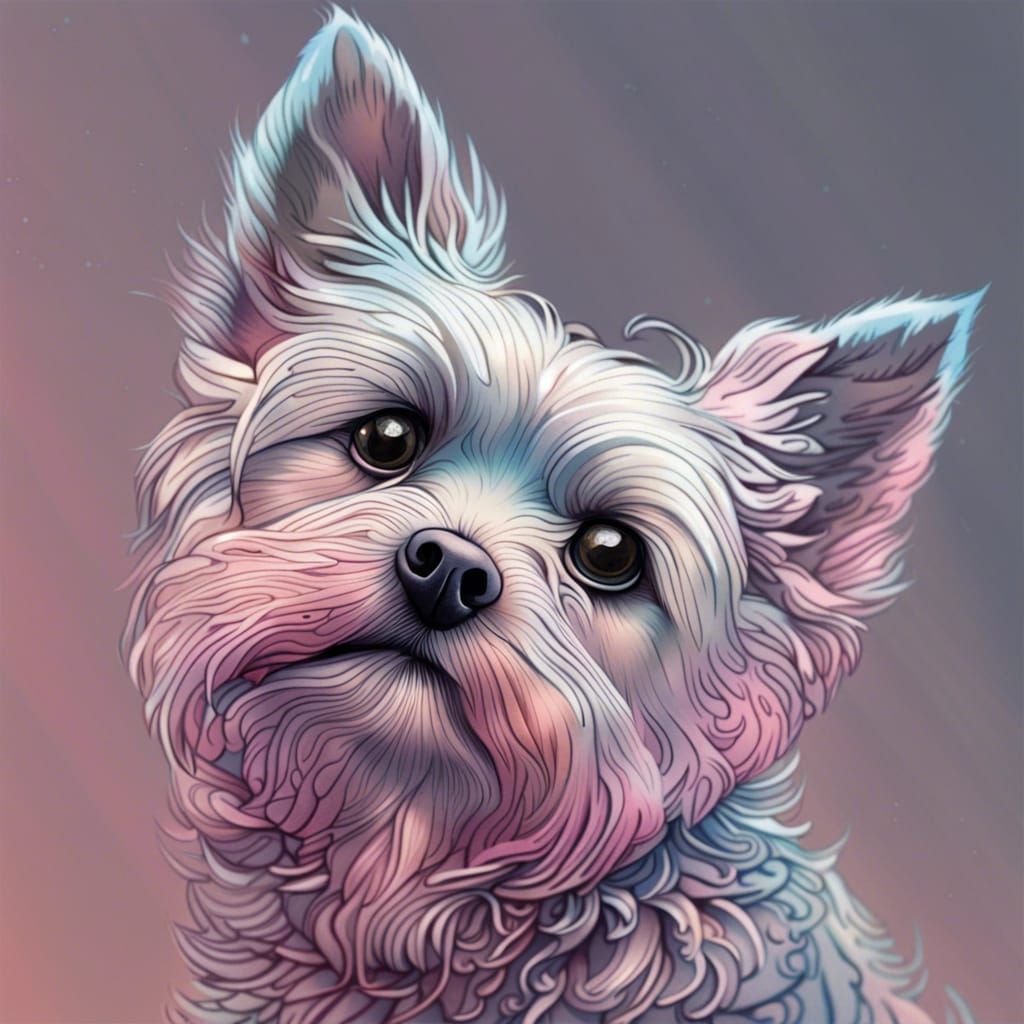 Fluffy Dog Portrait with Pastel Colors and Dark Outlines