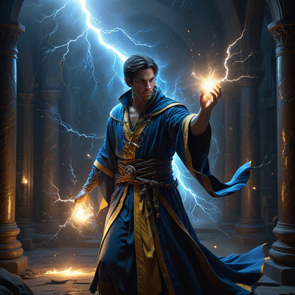 Dramatic Sorcerer in Blue Robes Unleashes Lightning Magic