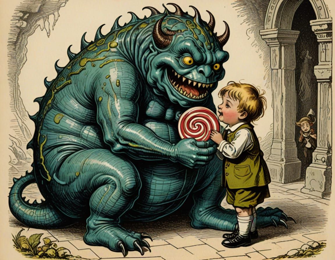 Monster Comforts Boy with Lollipop: Victorian Illustration
