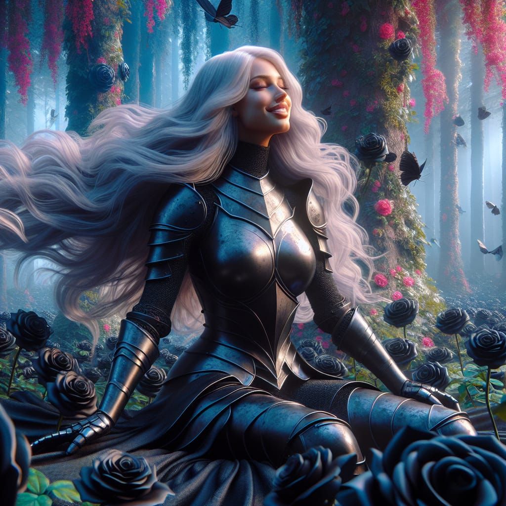 Hispanic Knight in Black Rose Forest: Hyperrealistic 8K