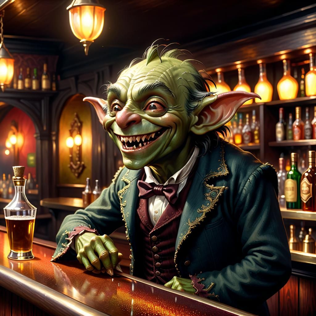 Happy Goblin Bartender in Folk Art Style