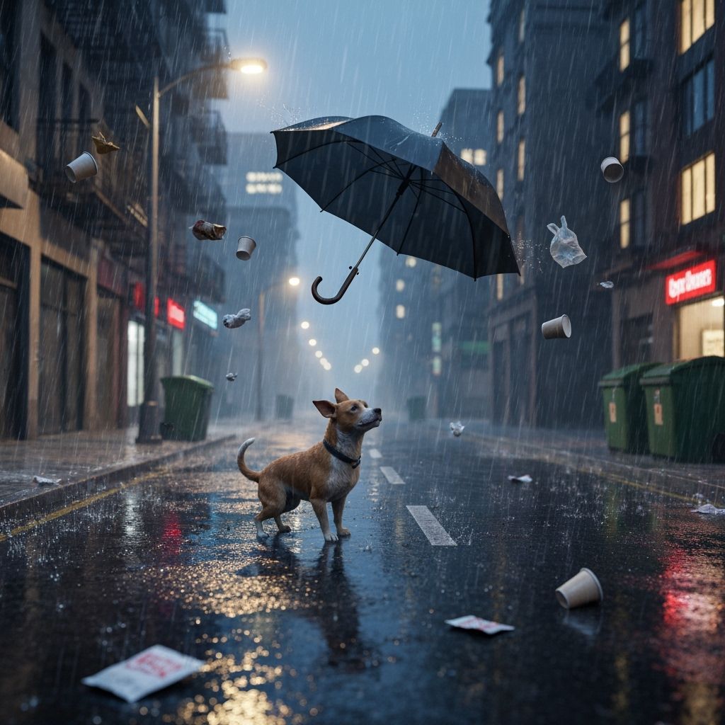 Overturned Umbrella Flies Through Rainy City Street